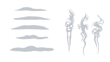 Naklejka premium Illustrative set of horizontal and vertical wisps of gray smoke, steam, or fog on a white background.