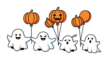 Halloween Spirit: A collection of playful cartoon ghosts joyfully holding jack-o'-lantern balloons. Celebrating the whimsy and spirit of Halloween.