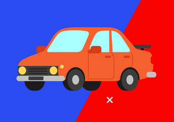 Fototapeta premium Flat Design Orange Car Illustration on Split Blue and Red Background