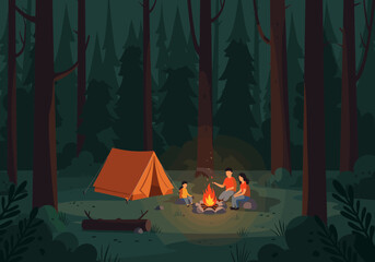 Family camping adventure forest digital nighttime cozy atmosphere