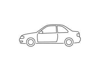 Simple line art drawing of a two-door car icon on a clean white background, side profile of a minimalist coupe vehicle outline