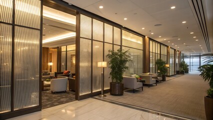 Contemporary office lobby with frosted glass partitions and seating