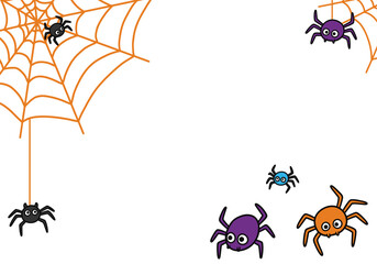 Playful Cartoon Spiders and Orange Spiderweb on White Background for Halloween