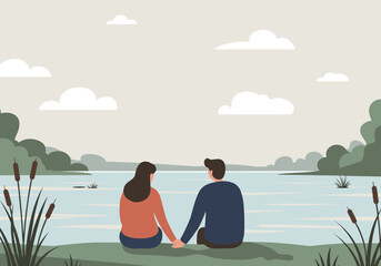 Couple enjoying serenity by a tranquil lake nature scene digital calm environment side view connection