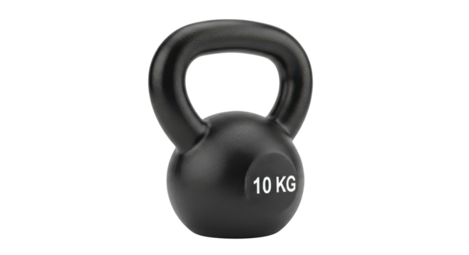 Black 10 KG kettlebell for strength training and fitness isolated PNG with Transparent Background
