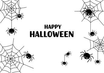 Happy Halloween Greeting with Cute Cartoon Spiders and Spiderwebs on White Background