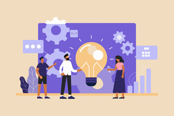 Team collaborating and brainstorming around a giant light bulb symbolizing a new idea or innovation