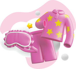 Pink pajamas decorated with stars and blindfold vector 3D plastic style, women sleepwear in the sky with clouds