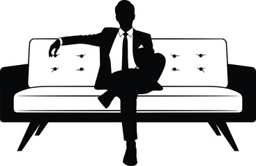 Silhouette of elegant man in suit sitting on mid-century couch, symbolizing style, composure, retro design, fashion, and sophistication