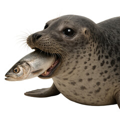 Seal with fish in mouth on a transparent background. Feeding. Predator. Marine biology.