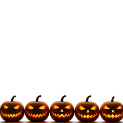 Five glowing jack-o'-lanterns with spooky carved faces lined up against a clean white background, ready for Halloween festivities.