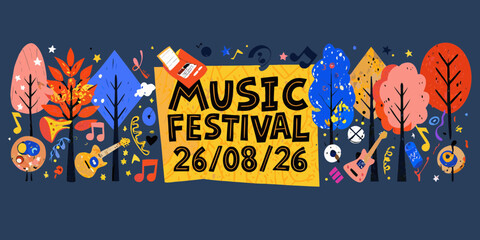 Vibrant music festival announcement with musical instruments and trees
