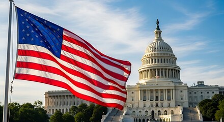 A waving American flag in front of the United States Capitol Building under a clear sky.