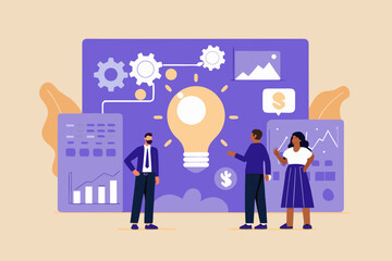 Diverse team collaborates on a brilliant business idea with data analysis and financial growth symbols