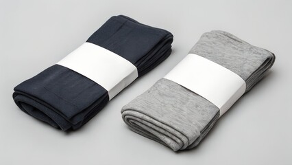 Two folded socks one dark gray one light gray with white bands