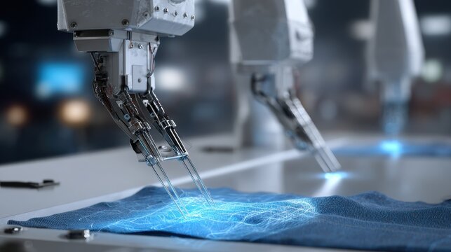 Clear shot of robotic sewing tools adjusting fabric automatically with a blurred connected device screen showing data analytics nearby.