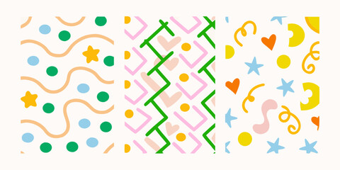 Playful abstract patterns with colorful shapes and simple geometric elements on a light background
