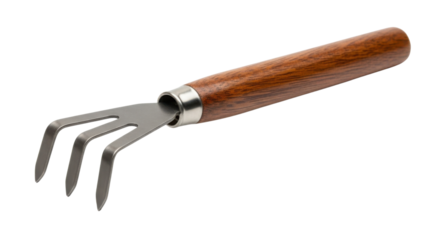 Hand rake tool with wooden handle for gardening isolated PNG with Transparent Background