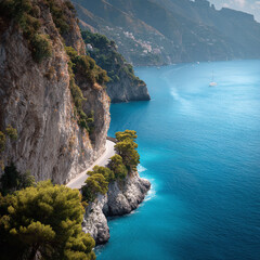 Fototapeta premium Scenic coastal road winding along a dramatic cliffside. Turquoise water, lush vegetation, and a sense of freedom. Ideal for travel, adventure, and summer themes.