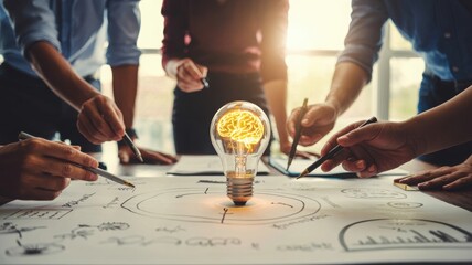 Brainstorming session with light bulb and brain creative idea generation teamwork