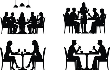 Silhouette set of people dining at tables, symbolizing social interaction, conversation, hospitality, leisure, food culture, and shared moments