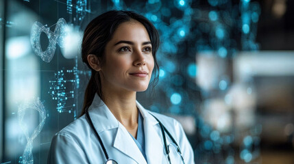 Medical professional examining digital DNA strands in a modern laboratory setting during evening