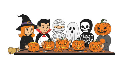 Halloween Spooktacular: A group of costumed children enthusiastically prepare for Halloween, surrounded by carved pumpkins and festive decorations.