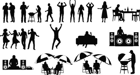 Silhouette set of people enjoying leisure, dance, dining, grilling, and celebration scenes, symbolizing lifestyle, entertainment, and social connection