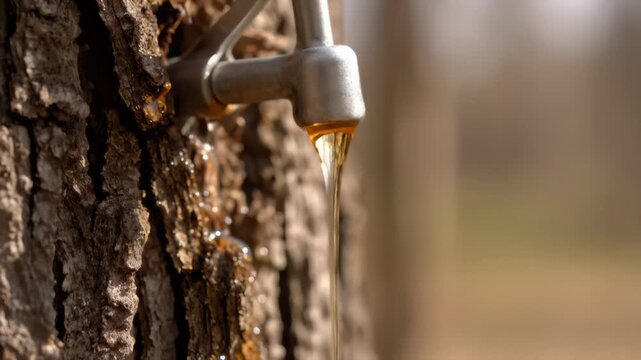Golden Maple Sap Drips from Tree Tap for Syrup Production