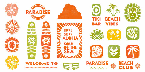 Collection of hawaiian tropical beach icons and symbols for summer vacation and paradise vibes © Ramanath