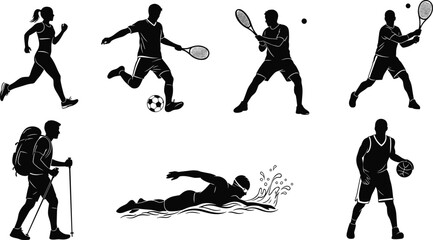 Silhouettes of Athletes in Action – Sports Vector Set Featuring Running, Soccer, Tennis, Hiking, Swimming, Basketball, Black and White Design