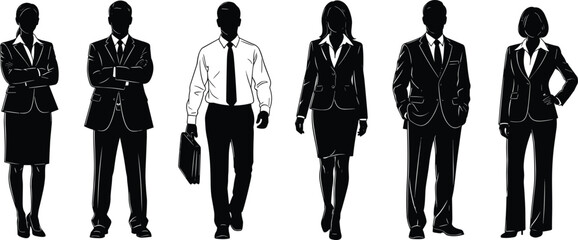 Silhouettes of business professionals in formal attire, symbolizing workplace diversity, corporate style, leadership, teamwork, professionalism, and office culture