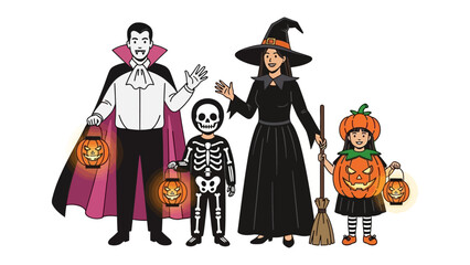 Happy Halloween Gathering: An illustrated family dressed in an assortment of festive Halloween costumes. Father in vampire and mother in witch.