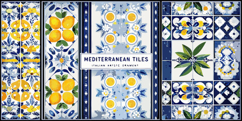 Collection of decorative mediterranean tiles featuring lemons floral patterns and italian artistic ornament designs