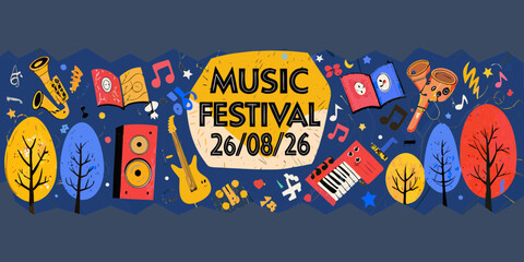 Vibrant music festival announcement with instruments trees and musical notes on august 26th