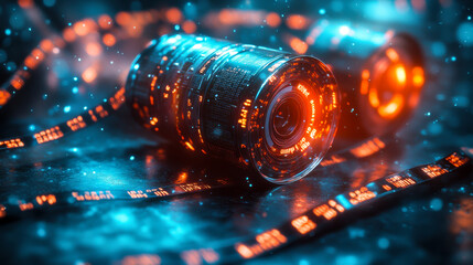 Dynamic digital tunnel filled with glowing data streams and futuristic circuitry under a blue and orange light