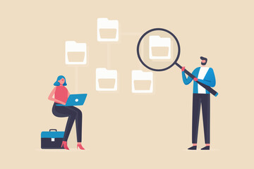 Business people analyzing and searching through digital file folders and data organization with laptop and magnifying glass