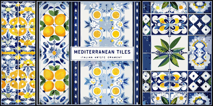 Collection of decorative mediterranean tiles featuring lemons floral patterns and italian artistic ornament designs