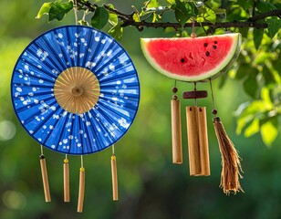 Decorative wind chimes, paper fan and watermelon slice
