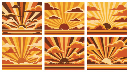 A collection of six retro-style sunrise illustrations with sunburst rays and clouds.