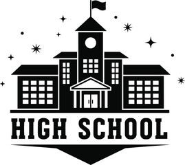 Stylized high school building with clock tower, flag, and decorative stars in bold black vector for educational and celebratory design