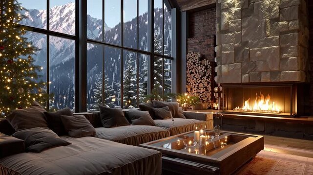 A warm concert atmosphere features a cozy living space with soft lighting. Snowy mountains form a breathtaking backdrop while a Christmas tree adds holiday charm to the scene.