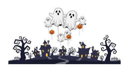 Spooky Halloween Celebration: Eerie Halloween scene with cartoon ghosts floating above stylized haunted houses and trees. This illustration perfectly captures the essence of the spooky holiday.