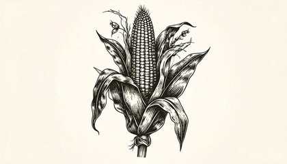 A detailed monochrome illustration of a corn stalk, highlighting its ear, leaves, and husk against a light background