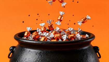 Overflowing black cauldron with orange and silver wrapped candies against bright orange background, symbolizing Halloween trick or treat, abundance, childhood joy, and festive celebration.