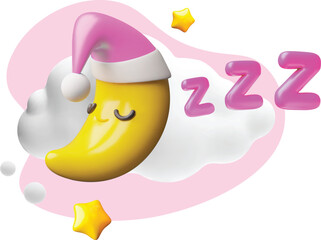 Cute crescent moon character wearing pink night cap sleeping in clouds vector 3D plastic style, sweet dreams on the sky