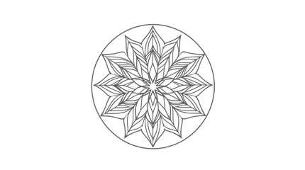 Intricate circular mandala design with floral and leaf-like symmetrical patterns, presented in a clean, minimalist black and white style.