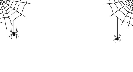 Two Black Spiders Hanging from Spiderwebs in Corners on White Background with Copy Space