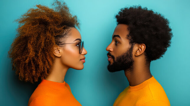 Couple in colorful outfits engaging in a thoughtful conversation against a vibrant backdrop