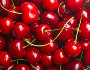 Close-up view of many fresh red cherries